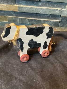 Vintage Folk Art Wooden Black and White Cow 1989